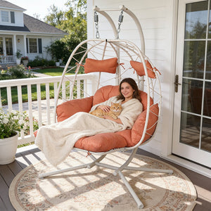 English Elm 2 Person Wicker Hanging Egg Chair with Stand Padded Swing for Patio or Garden T5880P500212