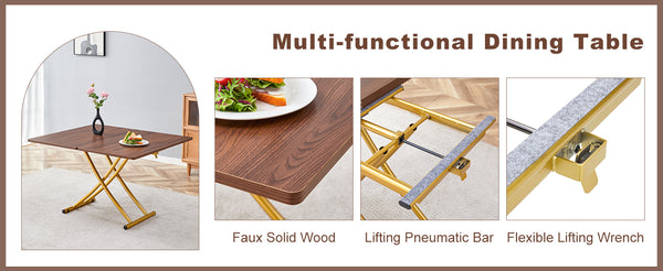 English Elm Modern Adjustable Lift Table Walnut Grain Mdf Top Slim Metal Legs Home Office Use Dark Walnut,Gold W1151P302106