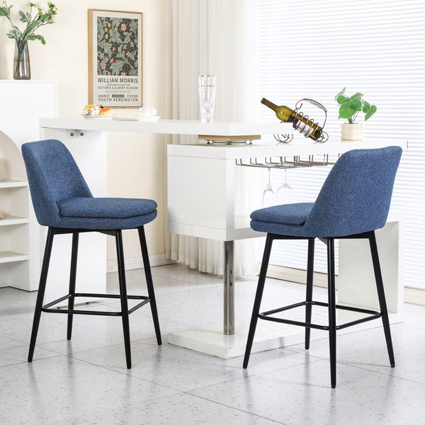English Elm Counter Upholstered Swivel Bar Stools Set of 2 — Mid-Century Modern Comfort, 360° Rotation, Durable Metal Legs Blue W2200P233484