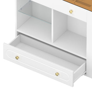 English Elm Closet Elegant walk-in island with glass display top, 6 drawers and open shelves for organized storage White 39.76 L x 17.32 W x 12.2 H N733S304513K