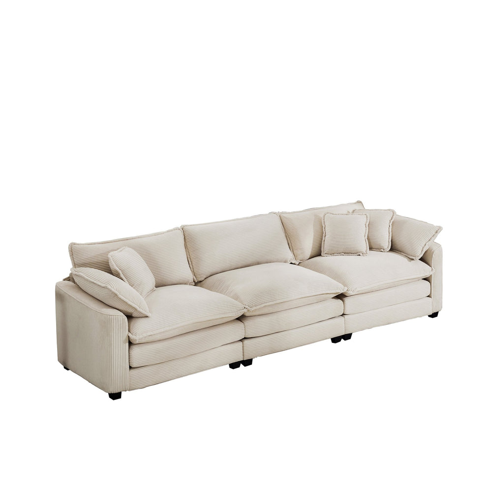 English Elm Mid-Century Modern 3-Seater Sectional Sofa With Plush Light Beige Corduroy And Stylish Pillows W714S00775