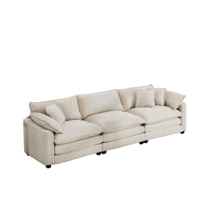 English Elm Mid-Century Modern 3-Seater Sectional Sofa With Plush Light Beige Corduroy And Stylish Pillows W714S00775