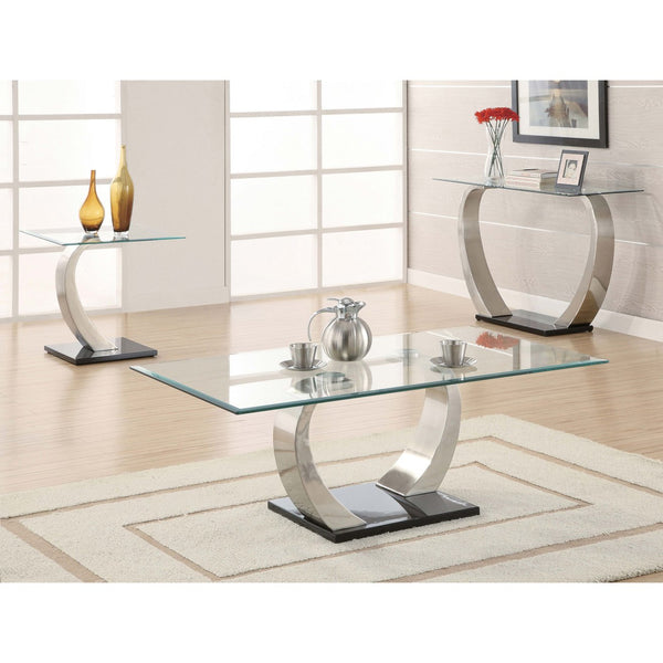 English Elm Terrell Satin Silver End Table with Rectangular Glass Top, Matte Metal Frame & Polished Black Base B062S00661