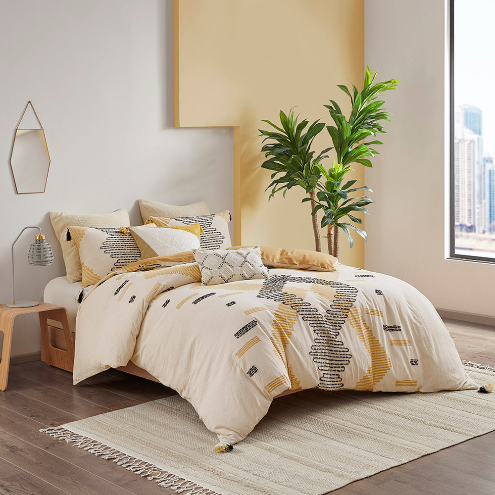 JLA Home INK+IVY - 3 Piece Cotton Duvet Cover Set with Yellow-Grey Geometric Print, Tassels, Reversible Solid Back, Breathable Cotton II12-1114