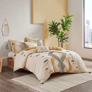 JLA Home INK+IVY - 3 Piece Cotton Duvet Cover Set with Yellow-Grey Geometric Print, Tassels, Reversible Solid Back, Breathable Cotton II12-1114