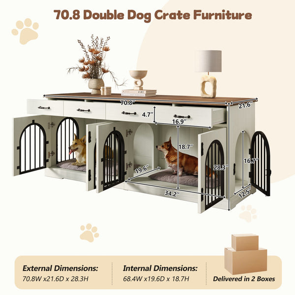 English Elm 70.8" Dual Dog Kennel Console Mdf Cabinet with Arched Iron Doors and Four Drawers N704G201616A