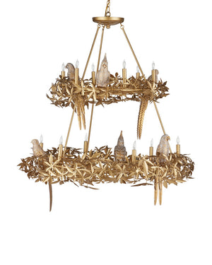 Currey & Company Aviary Gold Ring Chandelier - Elegant Botanical Design With Sculptural Birds And Adjustable Height Gold Wrought Iron ,Composite 9000-1321-currey-company