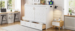 English Elm Queen Murphy Wall Bed Cabinet with Storage Drawer Built-in Power Outlets Usb Ports White LP000400AAK-1