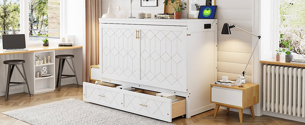 English Elm Queen Murphy Wall Bed Cabinet with Storage Drawer Built-in Power Outlets Usb Ports White LP000400AAK-1