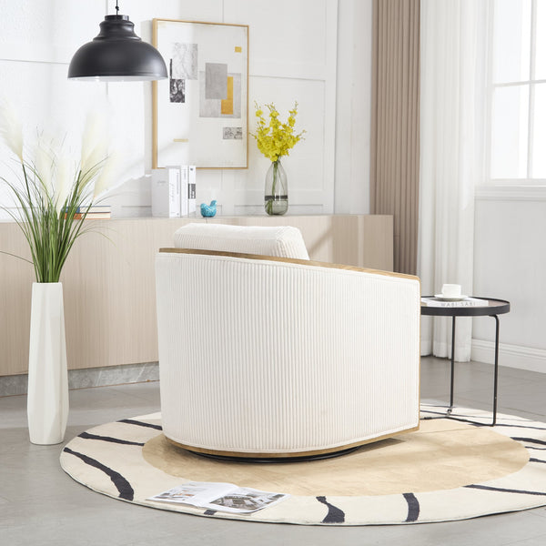 English Elm Corduroy Swivel Barrel Chair with Sturdy Wood Frame & Metal 360° Base, Plush Corduroy Comfort Pop Beige W395P220270