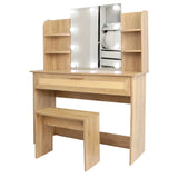 English Elm Vanity Desk Set Stool & Dressing Table With Led Lighting Mirror Drawer and Compartments Modern Wood Cosmetic Table Chest Of Drawers Nature Color