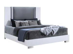 English Elm MOON Smooth White Queen Bed with LED Accent Lighting, Solid Wood & MDF Frame, Modern Marble Design B201S00310