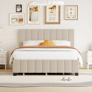 English Elm Queen Tufted Velvet Platform Bed with Storage Drawers and Pull Out Trundle Beige LP000714AAA-1