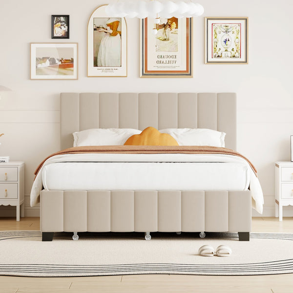 English Elm Queen Tufted Velvet Platform Bed with Storage Drawers and Pull Out Trundle Beige LP000714AAA-1