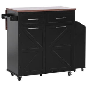 English Elm K&K 47.2" Farmhouse Kitchen Island with Drop Leaf, Removable Side Shelf, Trash Cabinet, Wheels Black N707P307296B