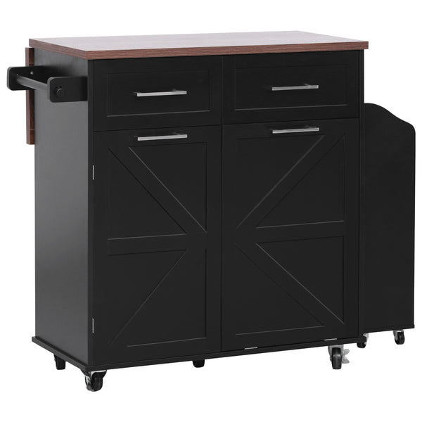 English Elm K&K 47.2" Farmhouse Kitchen Island with Drop Leaf, Removable Side Shelf, Trash Cabinet, Wheels Black N707P307296B