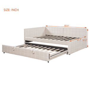 English Elm Full L-Shaped Upholstered Daybed with Pull-Out Twin Trundle, Built-In USB Ports, Modern Chic Design Beige SF000192AAA