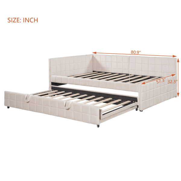 English Elm Full L-Shaped Upholstered Daybed with Pull-Out Twin Trundle, Built-In USB Ports, Modern Chic Design Beige SF000192AAA