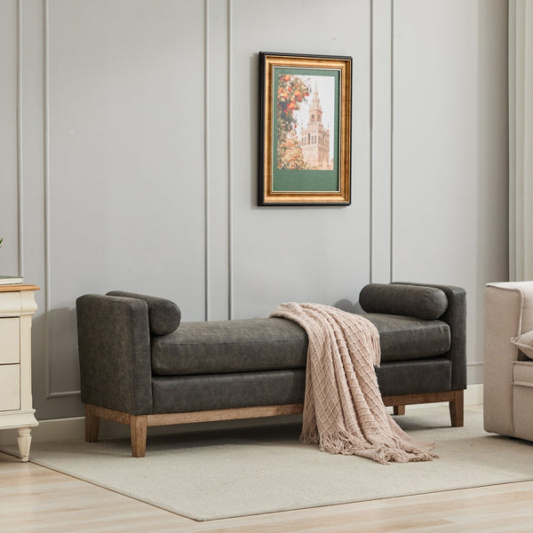 English Elm 66.34"W Elegant Upholstered Bench & Ottoman With Wood Legs, 2 Pillows For Bedroom & Living Room Decor W3188S00016