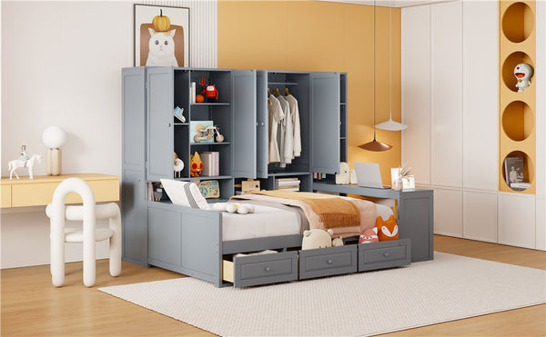 English Elm Full Size Wooden Daybed With Desk, Drawers, Shelves – Stylish Space-Saving Solution In Gray! N820S00055E