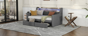 English Elm Twin Size Daybed With Built-In Storage, Charging Station & Led Lights - Stylish Gray Upholstered Design W1580S00060-GIGA