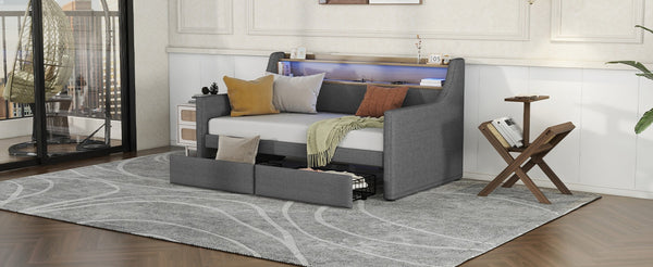 English Elm Twin Size Daybed With Built-In Storage, Charging Station & Led Lights - Stylish Gray Upholstered Design W1580S00060-GIGA