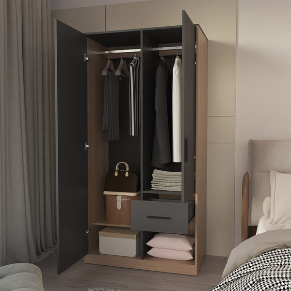 English Elm Lugoff Matt Grey & Natural Oak Wardrobe with 2 Doors, Drawer, Shelves & Hanging Space for Bedrooms B128S00175