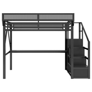 English Elm Queen Metal Loft Bed with Desk Charging Station Rgb Lighting and Storage Stairs W2580S00091