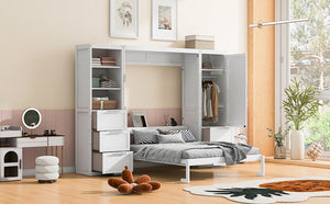 English Elm Queen Murphy Wall Bed with Wardrobe Drawers and Shelves for Studio or Guest Room White LP000865AAK-2
