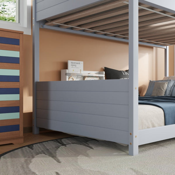 English Elm Twin House Floor Bunk Bed With Guardrails, Ladder & Headboards - Stylish Light Grey Rubber Wood Design W504P227969-GIGA