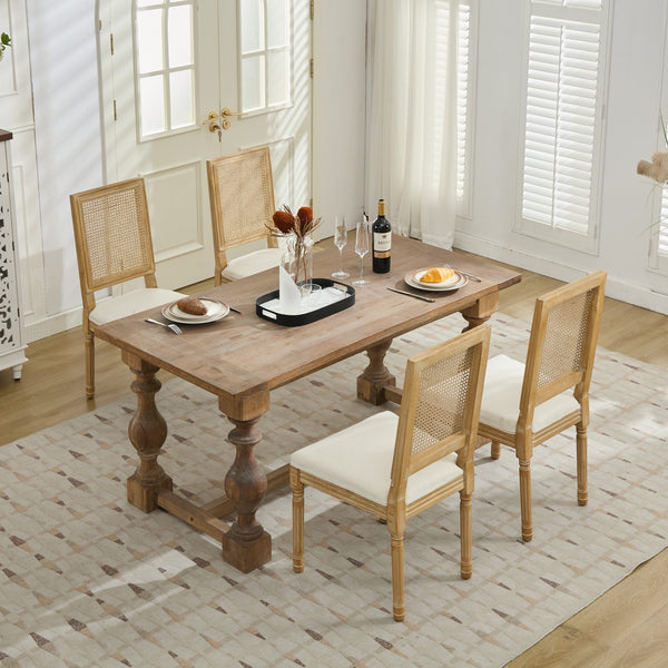 English Elm French Louis Dining Chair Set of 2 with Carved Solid Wood Frame, Rattan Back, Plush Foam Seating, 300lb Capacity Beige W1143P335056