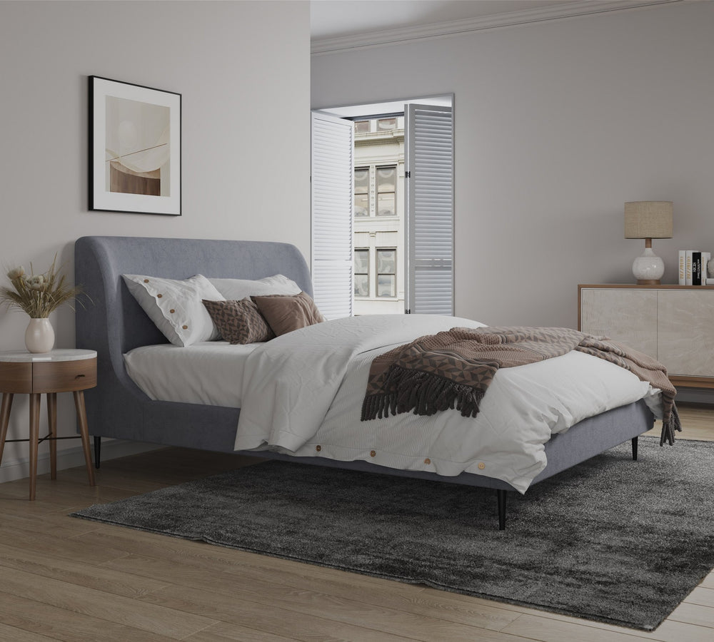 English Elm Full Velvet Upholstered Bed Arched Headboard Mid-century Style with Metal Legs Grey+Black B365S00148