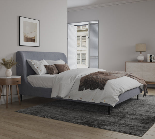 English Elm Full Velvet Upholstered Bed Arched Headboard Mid-century Style with Metal Legs Grey+Black B365S00148