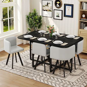 English Elm 7 Piece Modern Dining Set Black Wood Grain Table Gray Pu Chairs Seats Six W3875S00096