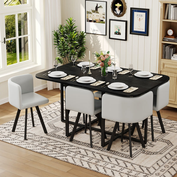 English Elm 7 Piece Modern Dining Set Black Wood Grain Table Gray Pu Chairs Seats Six W3875S00096