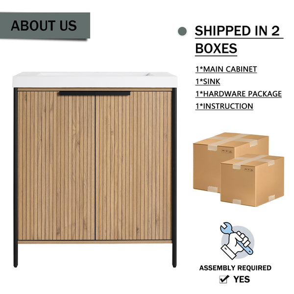 English Elm 30" Modern Freestanding Bathroom Vanity with Resin Sink, Soft-Close Doors, Adjustable Shelf, Durable Plywood Finish Light Coffee W999S00295