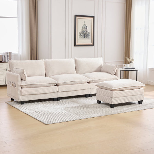 English Elm United We Win Modular Corduroy Sectional with Ottoman Low Profile Living Room Couch Beige W1568S00259