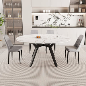 English Elm 47-63" Extendable Round Dining Set with Pu Chairs White Mdf Top Black Metal Legs W3732S00021