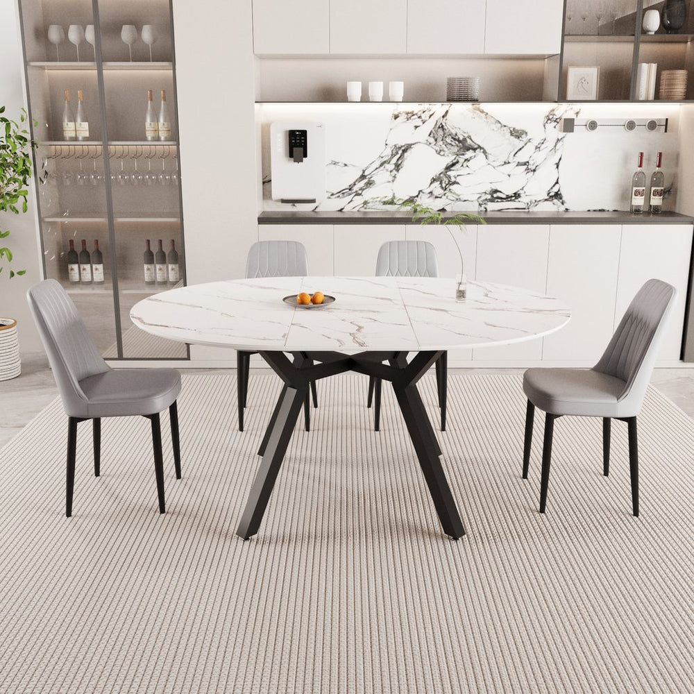 English Elm 47-63" Extendable Round Dining Set White Mdf Top Pu Chairs Mid-century Modern 5 Piece W3732S00063
