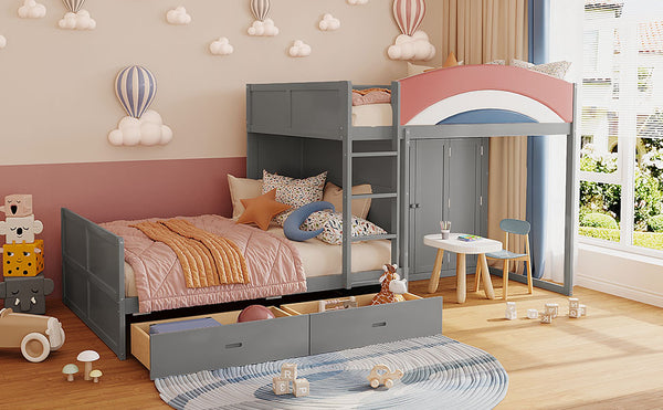 English Elm Full Size Offset Bunk Bed with Wardrobe Hanging Rod Drawers and Upholstered Rail Gray N820S00081E