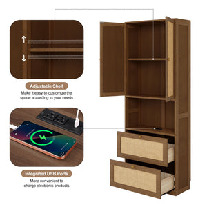 English Elm 2 Door Bookshelf with USB Port and 3 Drawers — Compact Pine-MDF Storage Cabinet for Living Room Walnut 80.1 L x 17.65 W x 6.3 H N701P245551D