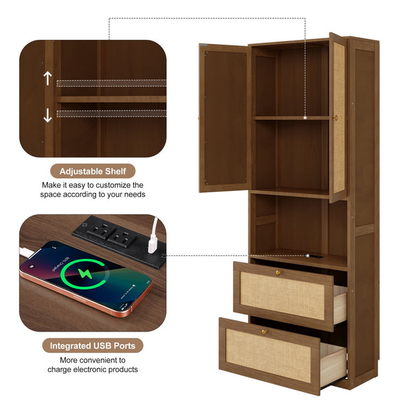 English Elm 2 Door Bookshelf with USB Port and 3 Drawers — Compact Pine-MDF Storage Cabinet for Living Room Walnut 80.1 L x 17.65 W x 6.3 H N701P245551D