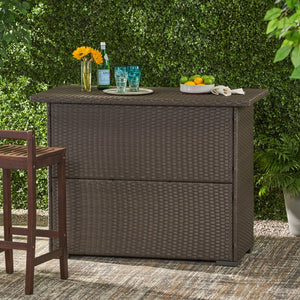 English Elm Trinidad Outdoor Resin Wicker Bar Table with Cabinet Storage for Patio Entertaining N772P368972D