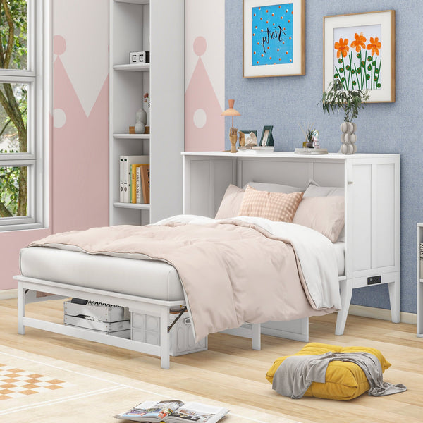 English Elm Queen Murphy Bed with Shelf & Built-In USB Charging Station, Space-Saving White Wall Cabinet Design SM000338AAK