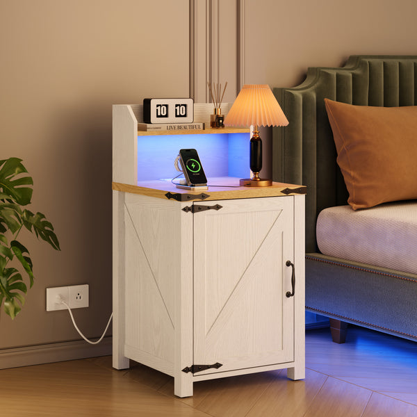 English Elm OKD Farmhouse Nightstand with Built-In Charging Station, Barn Door Accent, Adjustable Storage Shelf and Sturdy Frame White W1550P311284