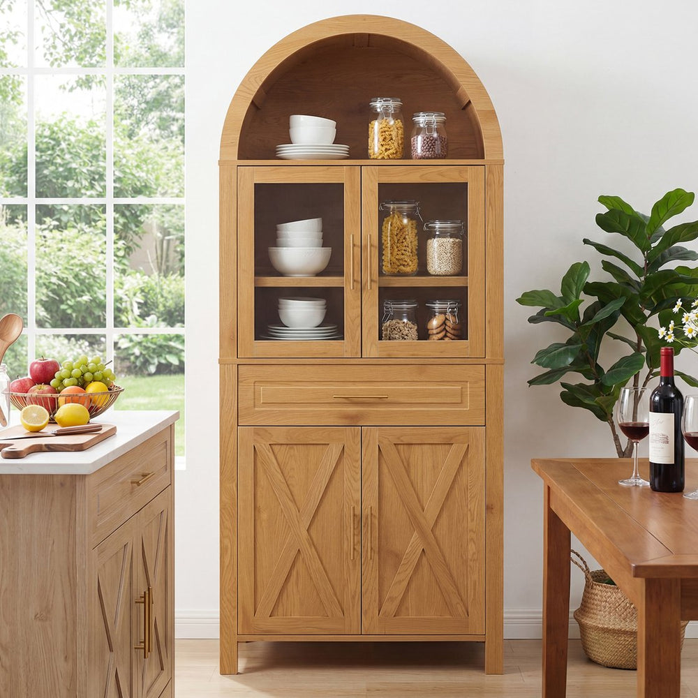 English Elm 71" Arched Glass Barn Door Pantry Cabinet Farmhouse Mdf Storage for Kitchen Dining Oak W2917S00017