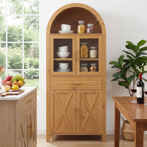 English Elm 71" Arched Glass Barn Door Pantry Cabinet Farmhouse Mdf Storage for Kitchen Dining Oak W2917S00017