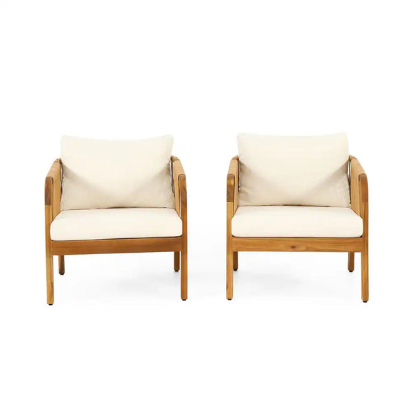 English Elm Christopher Knight Home® - Set of 2 Acacia Wood Outdoor Club Chairs with Wicker, Teak Finish & Beige Cushions, Deep Seat Comfort 72409.00LBGE-2