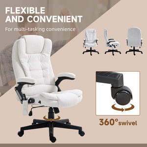 English Elm Homcom 6 Point Vibrating Massage Office Chair With Heat, Linen High Back Executive Office Chair With Reclining Backrest, Padded Armrests and Remote, Cream White