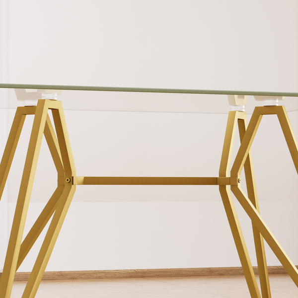 English Elm 47.3-inch Glass Dining Table with Gold Metal Legs, Modern 47.3"L x29.5"W x30.3"H, Seats 1-6, 200 lb Capacity W1162P306711